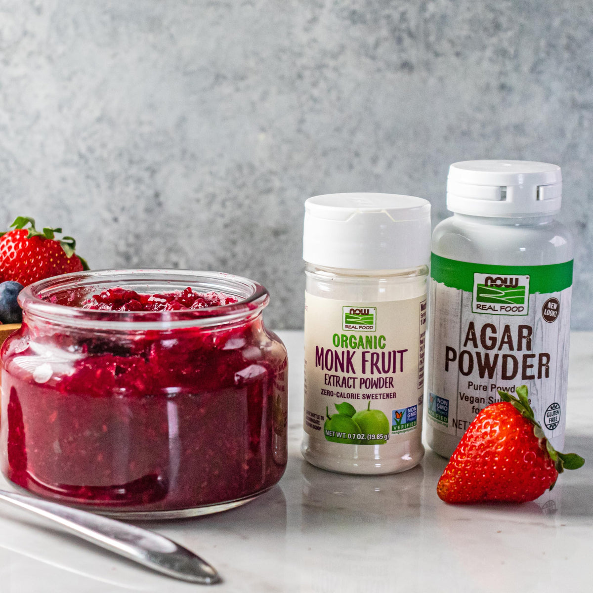 NOW Foods Agar Pure Powder pantry label highlights gluten-free, kosher status.
