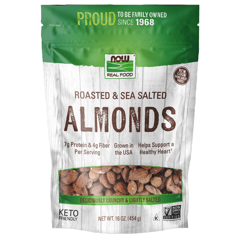 NOW Foods almonds roasted with sea salt in a bowl showing a protein and fiber rich snack.