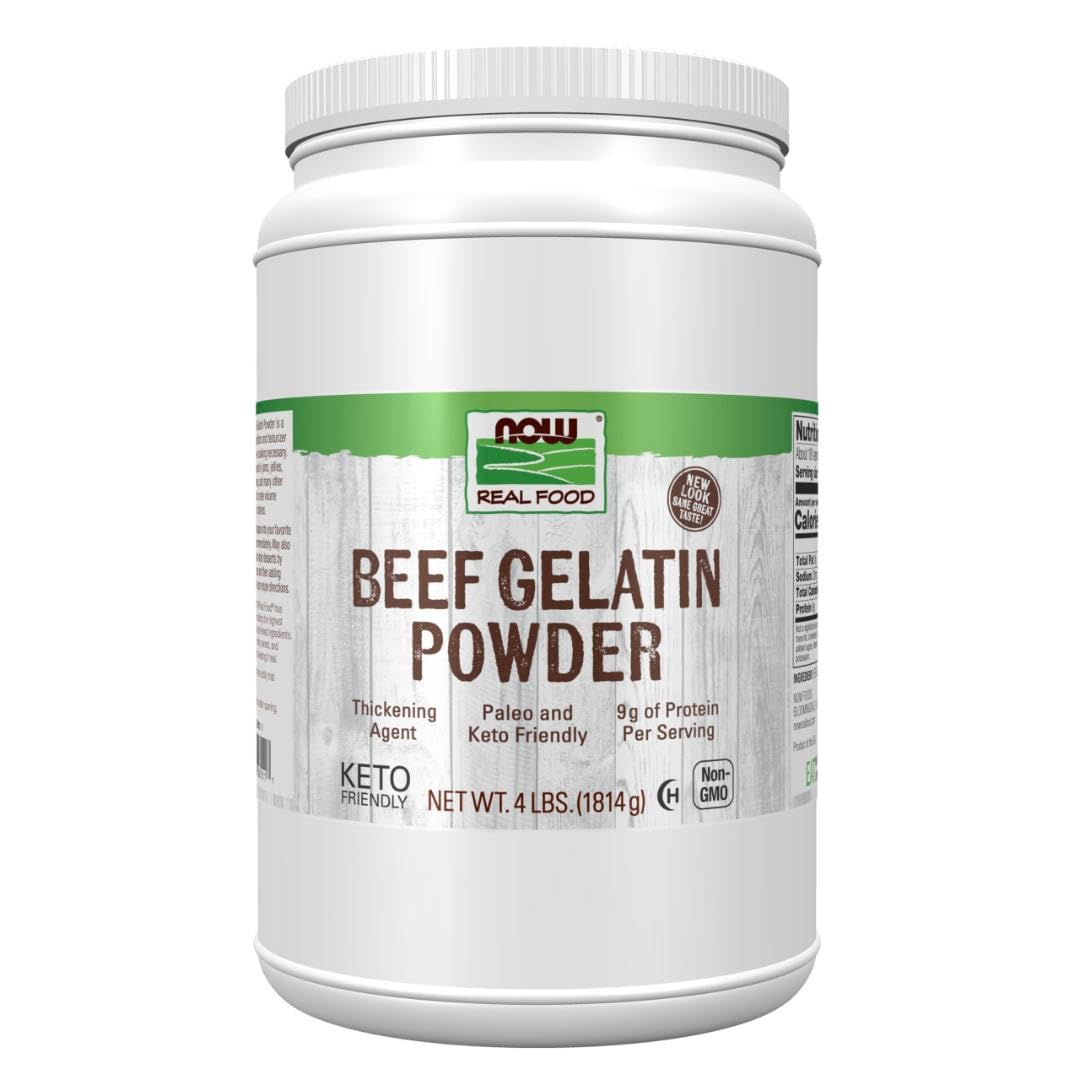 NOW Foods Beef Gelatin Powder bottle front, natural thickener for kitchen use