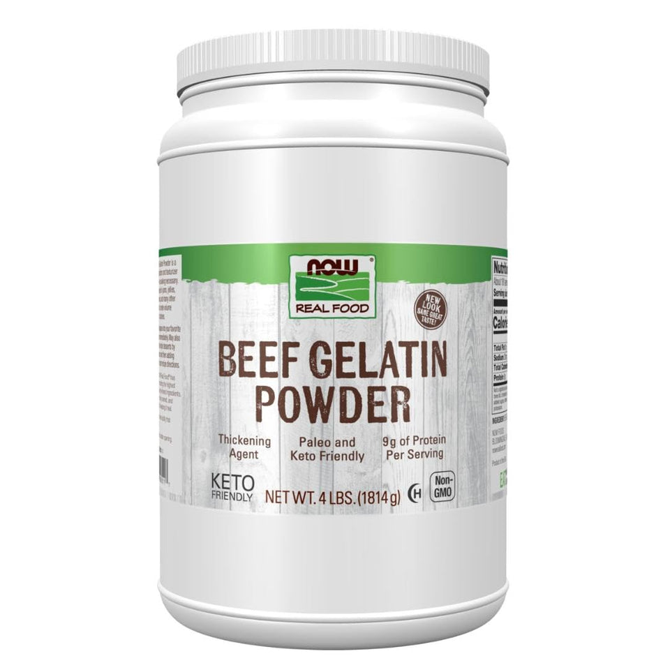 NOW Foods Beef Gelatin Powder bottle front, natural thickener for kitchen use
