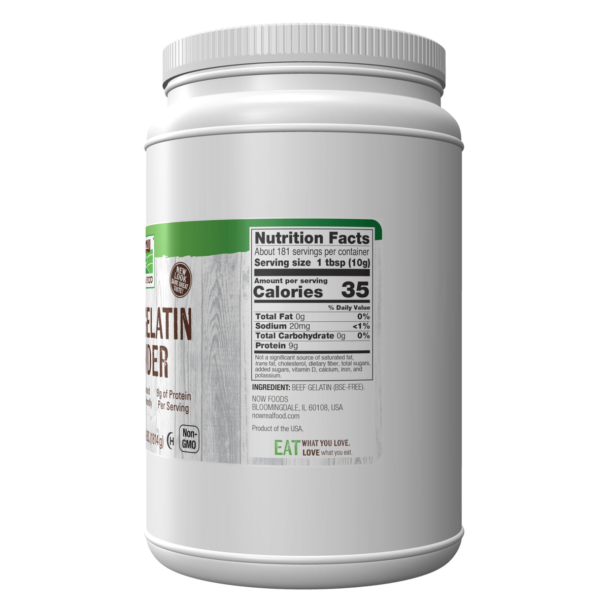 NOW Foods Beef Gelatin Powder label closeup, non-GMO and keto-friendly certifications