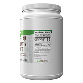 NOW Foods Beef Gelatin Powder label closeup, non-GMO and keto-friendly certifications