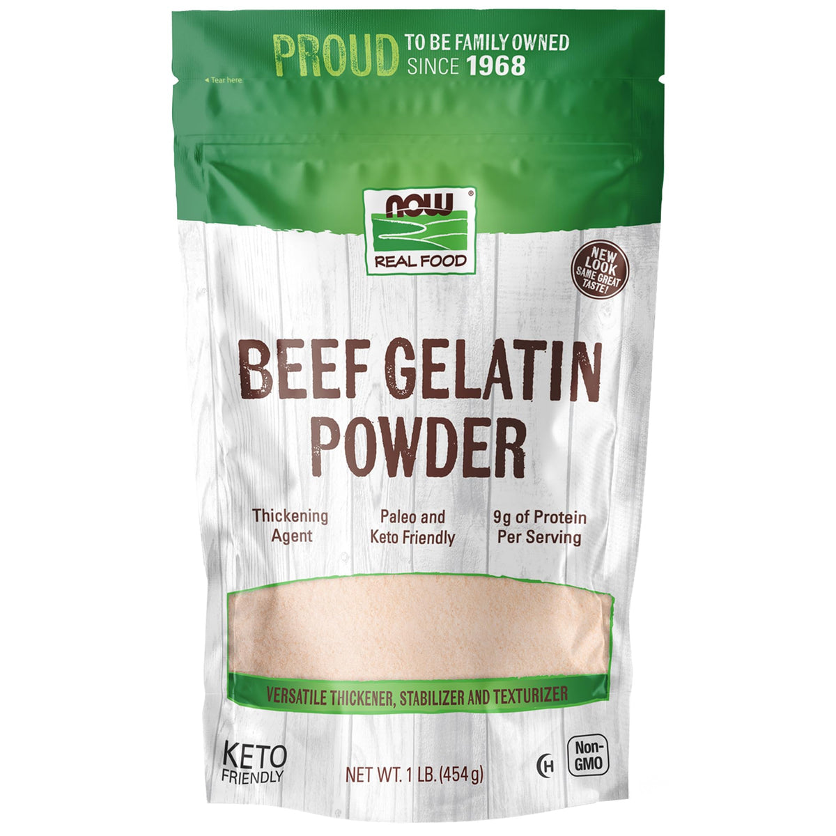 NOW Foods beef gelatin powder packaging close-up showing natural thickener and protein source