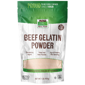 NOW Foods beef gelatin powder packaging close-up showing natural thickener and protein source