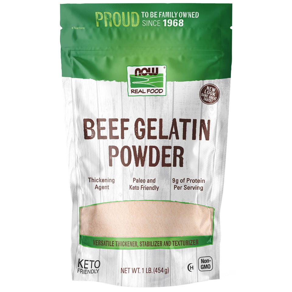 NOW Foods beef gelatin powder packaging close-up showing natural thickener and protein source