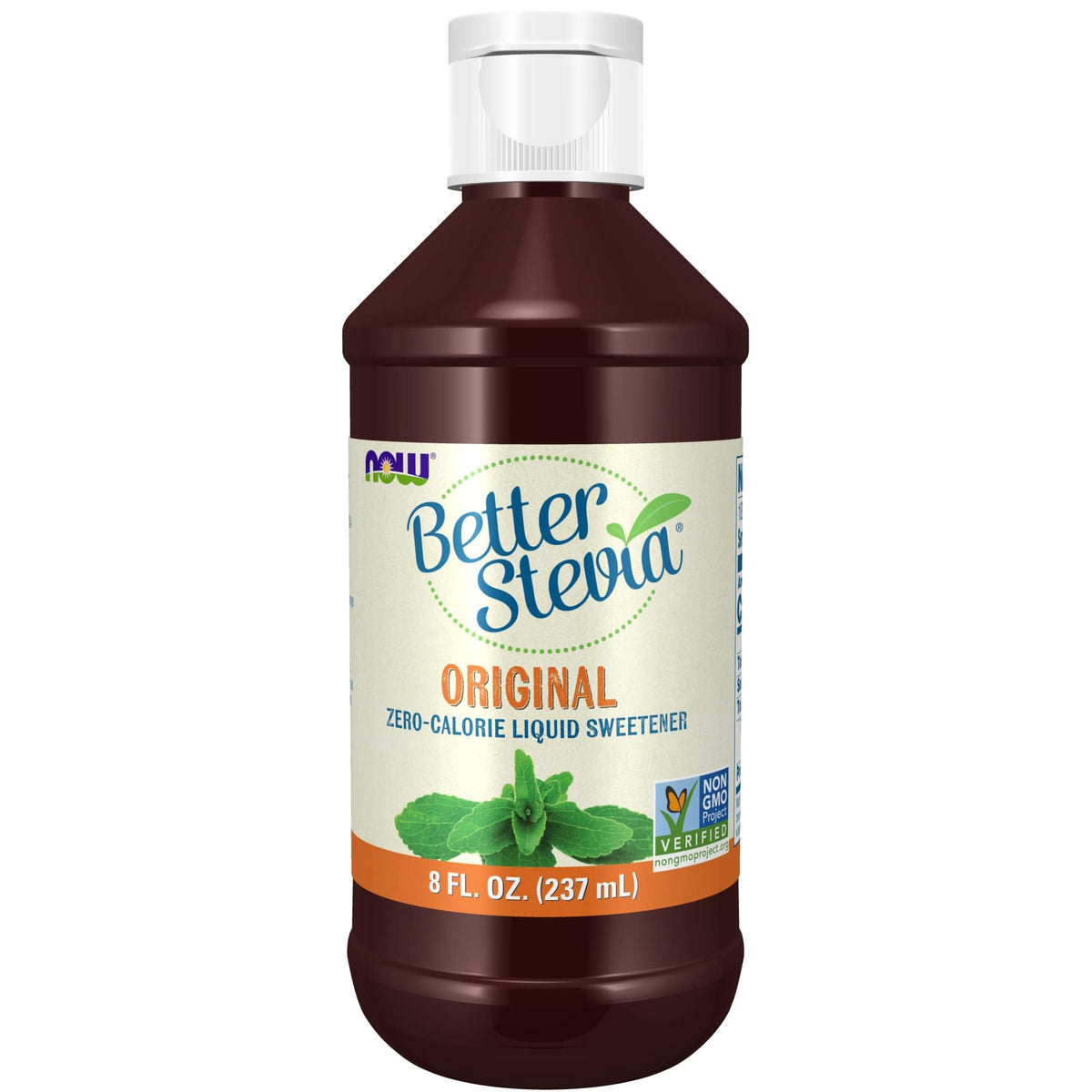 NOW Foods BetterStevia Liquid bottle being poured for zero-calorie sweetness