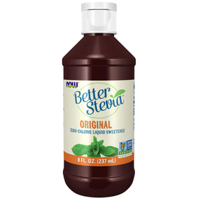 NOW Foods BetterStevia Liquid bottle being poured for zero-calorie sweetness