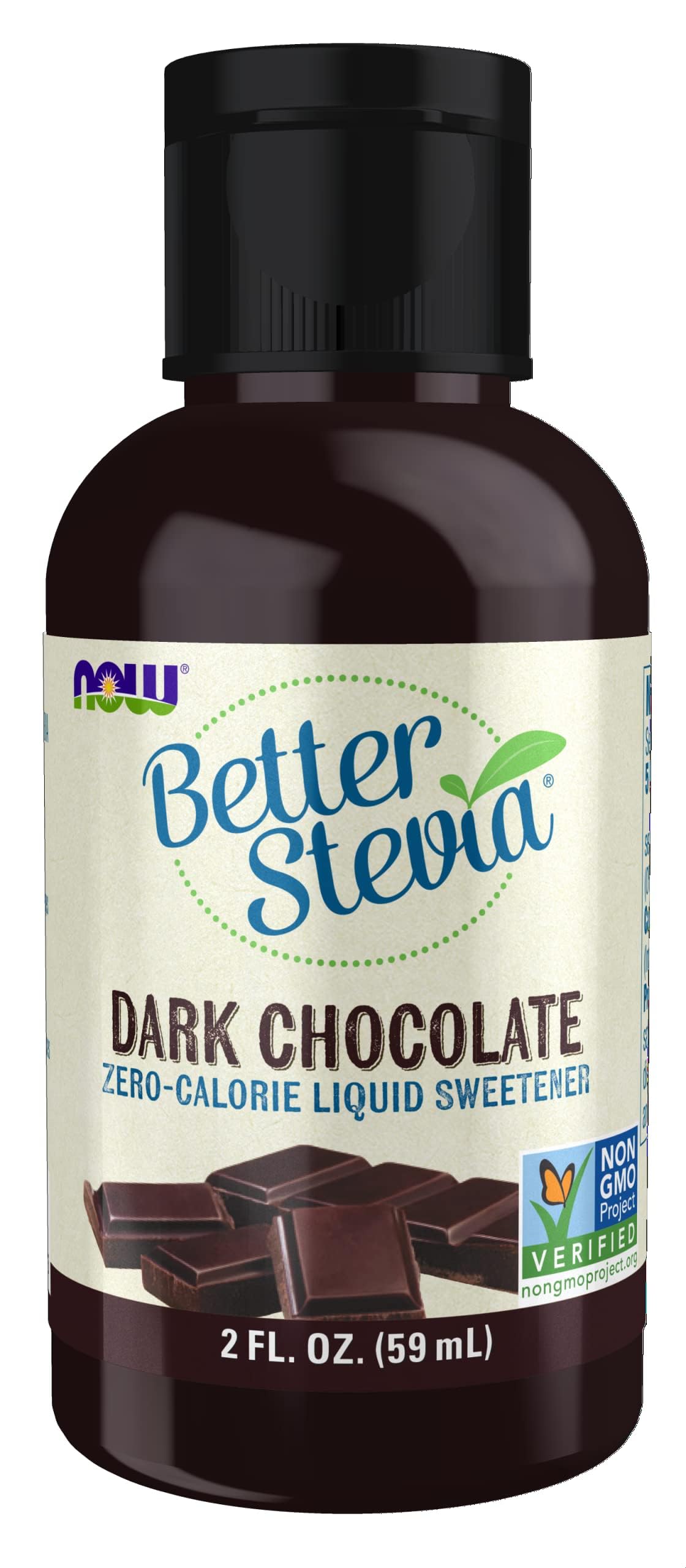 NOW Foods BetterStevia Liquid Dark Chocolate bottle for zero-calorie sweetness in beverages.