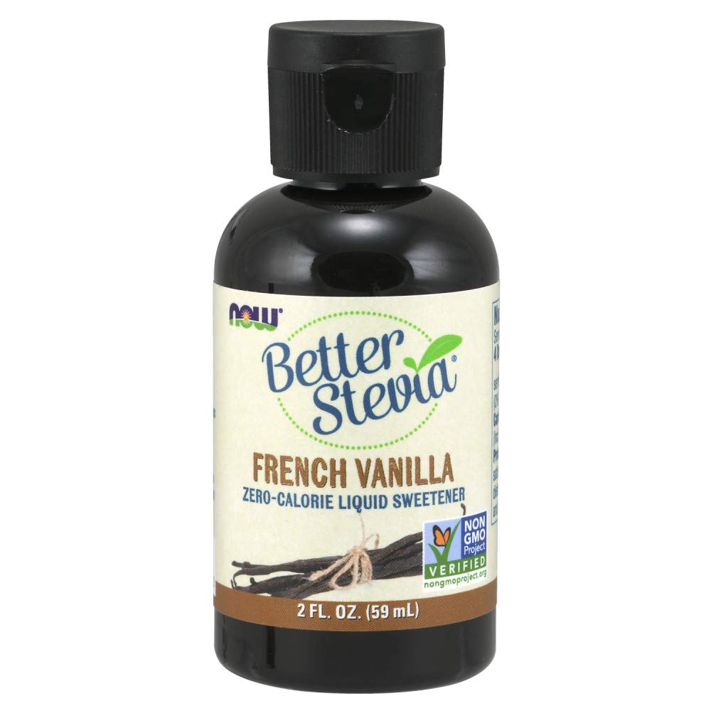 NOW Foods BetterStevia French Vanilla liquid in bottle for zero-calorie sweetening.