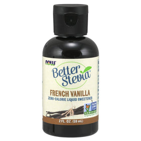 NOW Foods BetterStevia French Vanilla liquid in bottle for zero-calorie sweetening.