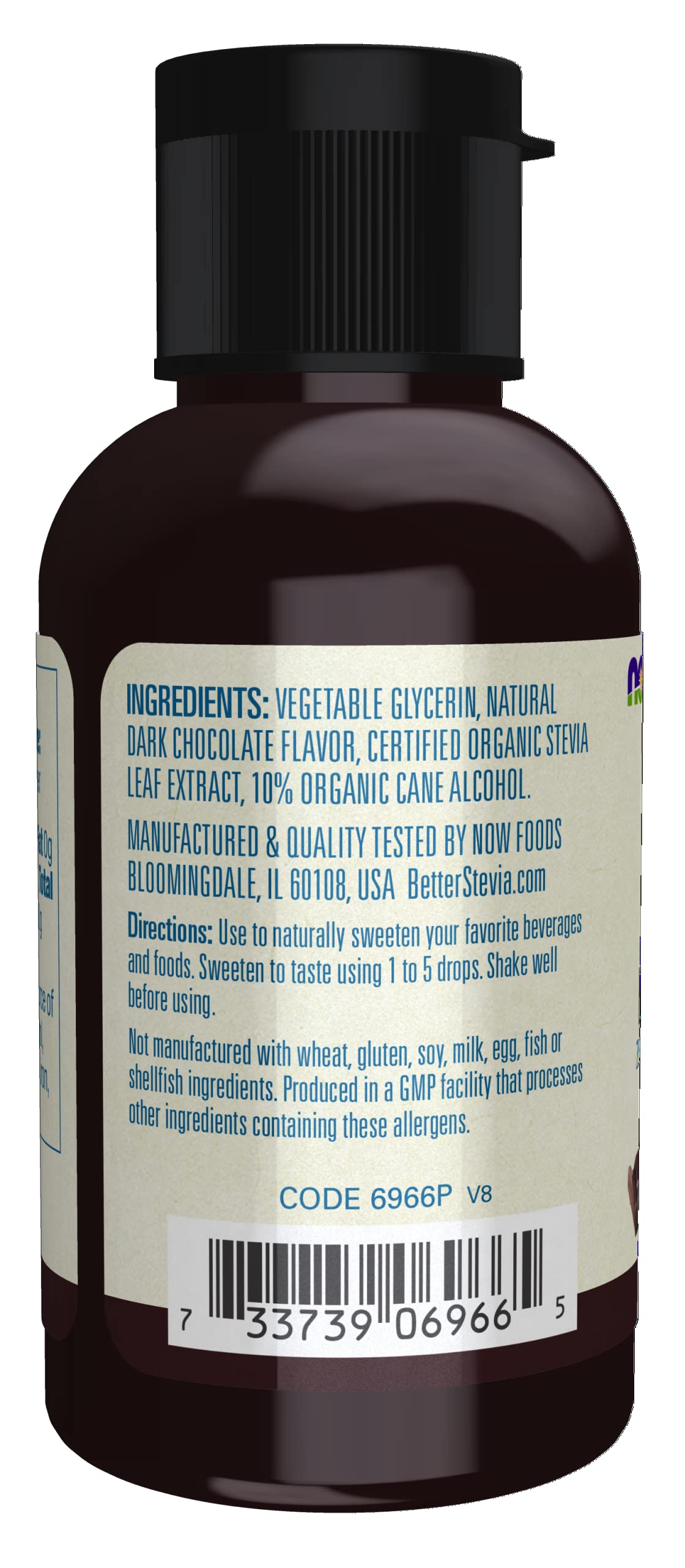 NOW Foods BetterStevia Liquid Dark Chocolate label closeup highlights organic stevia extract.