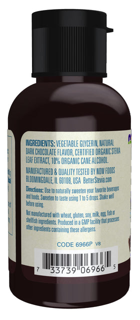 NOW Foods BetterStevia Liquid Dark Chocolate label closeup highlights organic stevia extract.