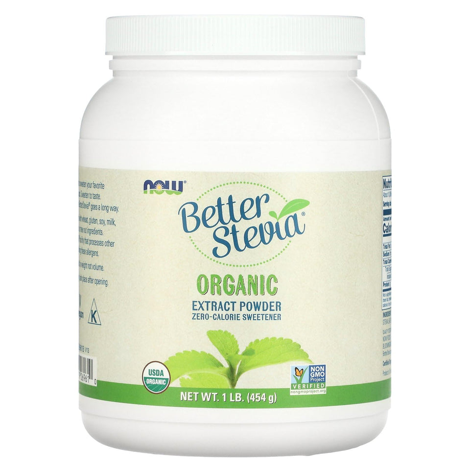 NOW Foods BetterStevia organic extract powder 1 lb bag for zero-calorie sweetness