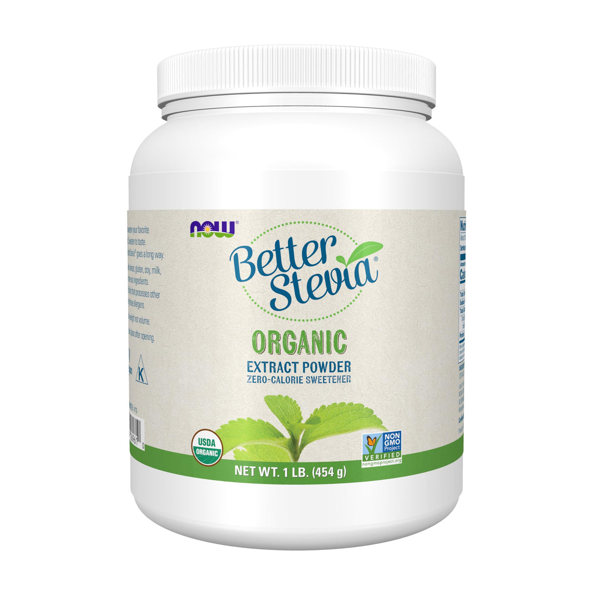 NOW Foods BetterStevia organic extract powder bottle for zero-calorie sweetness