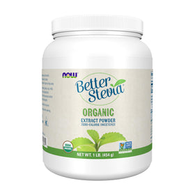 NOW Foods BetterStevia organic extract powder bottle for zero-calorie sweetness
