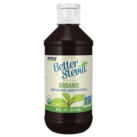NOW Foods BetterStevia organic liquid bottle pouring into a cup for zero-calorie sweetness.