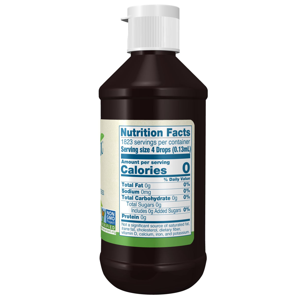 BetterStevia organic liquid label close-up highlighting organic and non-GMO features.
