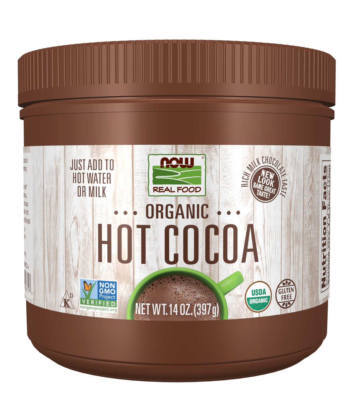 NOW Foods Cocoa Lovers Organic Hot Cocoa jar shows rich milk chocolate flavor