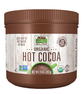 NOW Foods Cocoa Lovers Organic Hot Cocoa jar shows rich milk chocolate flavor