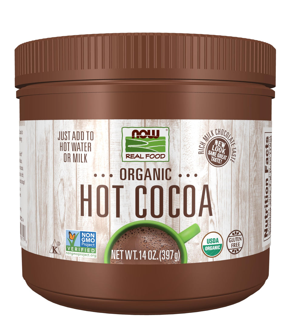 NOW Foods Cocoa Lovers Organic Hot Cocoa jar shows rich milk chocolate flavor