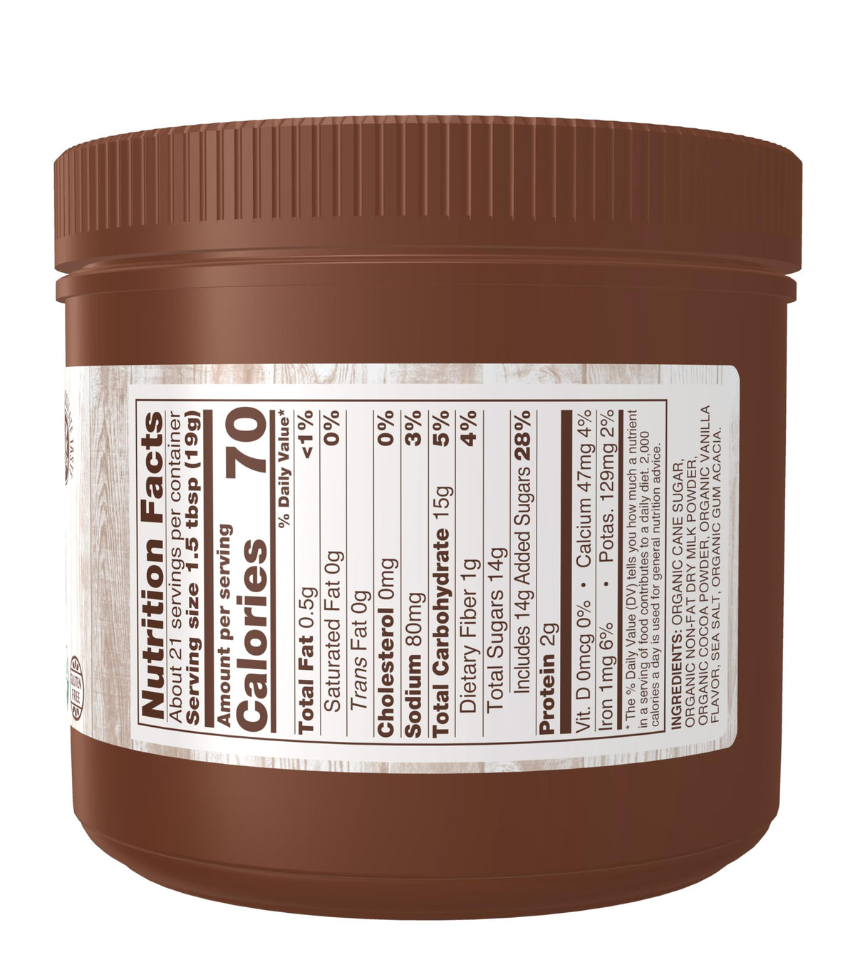 NOW Foods Cocoa Lovers Organic Hot Cocoa powder closeup highlights organic beans