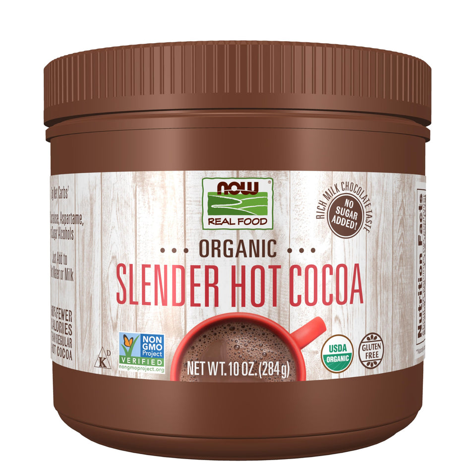NOW Foods Cocoa Lovers Slender Hot Cocoa tub showing no sugar added for a mindful treat.