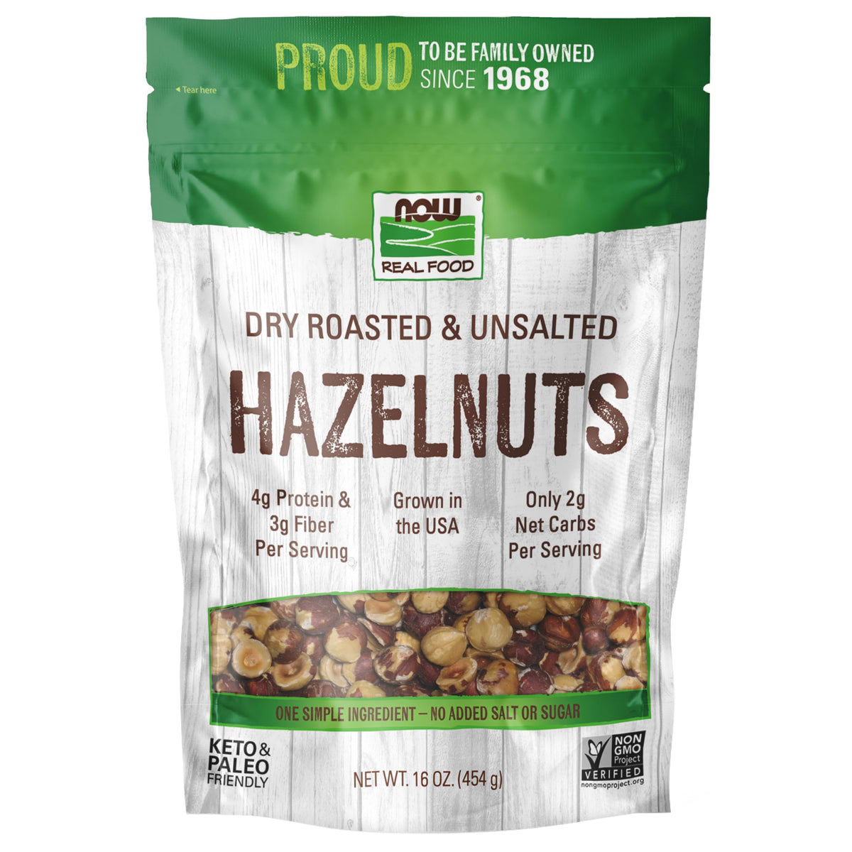 NOW Foods hazelnuts dry roasted packaging closeup for premium everyday snacking.