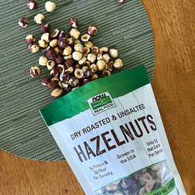 NOW Foods hazelnuts serving size twelve nuts for easy portion control.