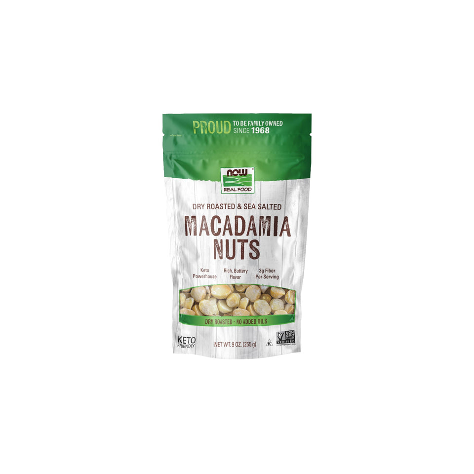 NOW Foods Macadamia Nuts – dry roasted with sea salt bag, fiber-rich snack.