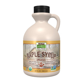 NOW Foods Maple Syrup bottle amber close-up highlighting organic sweetness for pancakes.