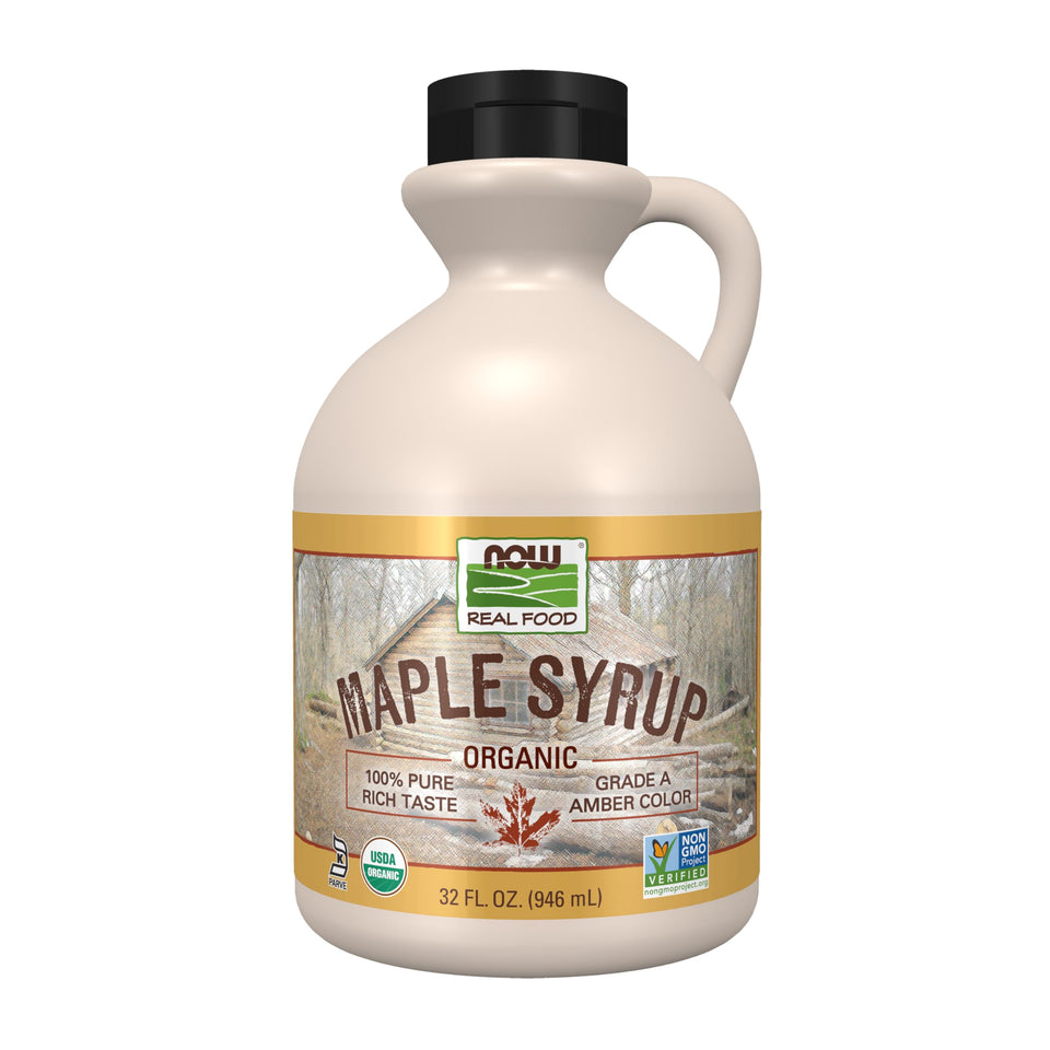 NOW Foods Maple Syrup bottle amber close-up highlighting organic sweetness for pancakes.
