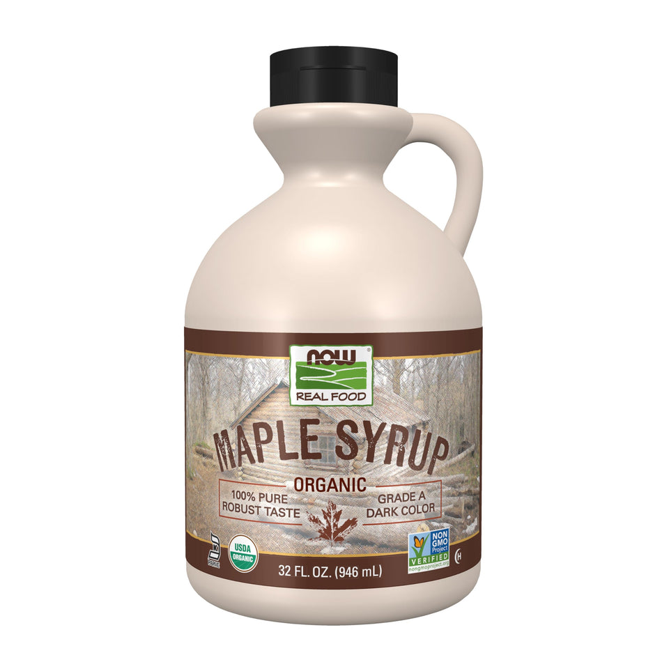 NOW Foods maple syrup bottle pour with rich flavor for pancakes.