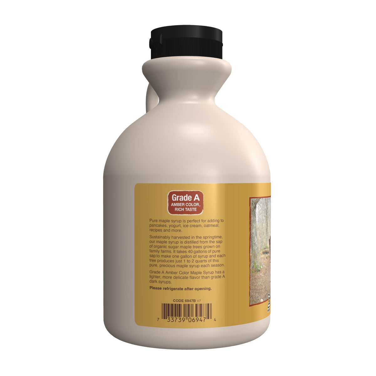 NOW Foods Maple Syrup label close-up showing Grade A Amber and non-GMO status.