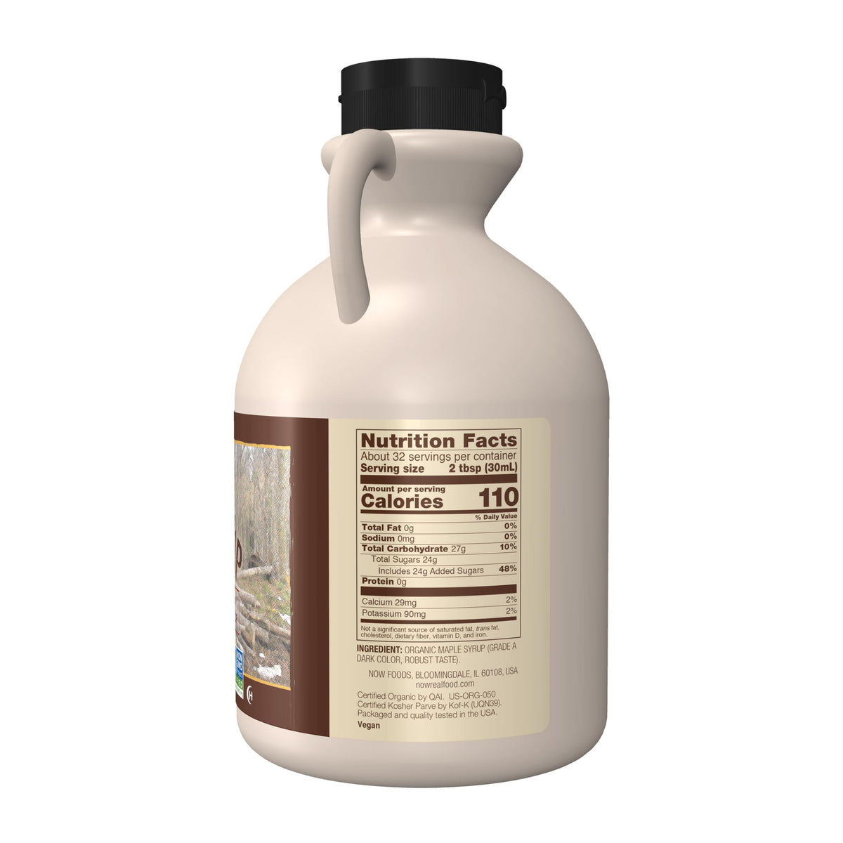 NOW Foods maple syrup label closeup shows organic, non-GMO certification.