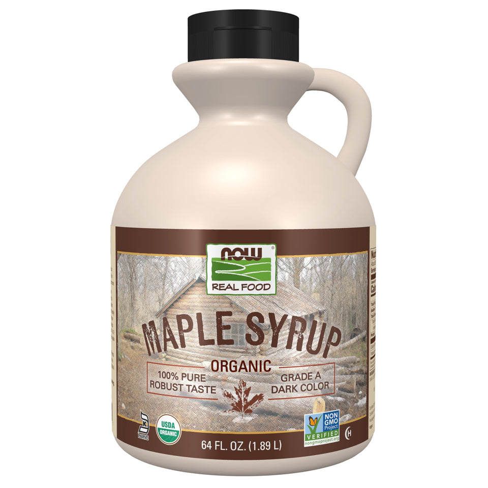 NOW Foods maple syrup Organic Grade A Dark bottle, rich flavor for breakfast.