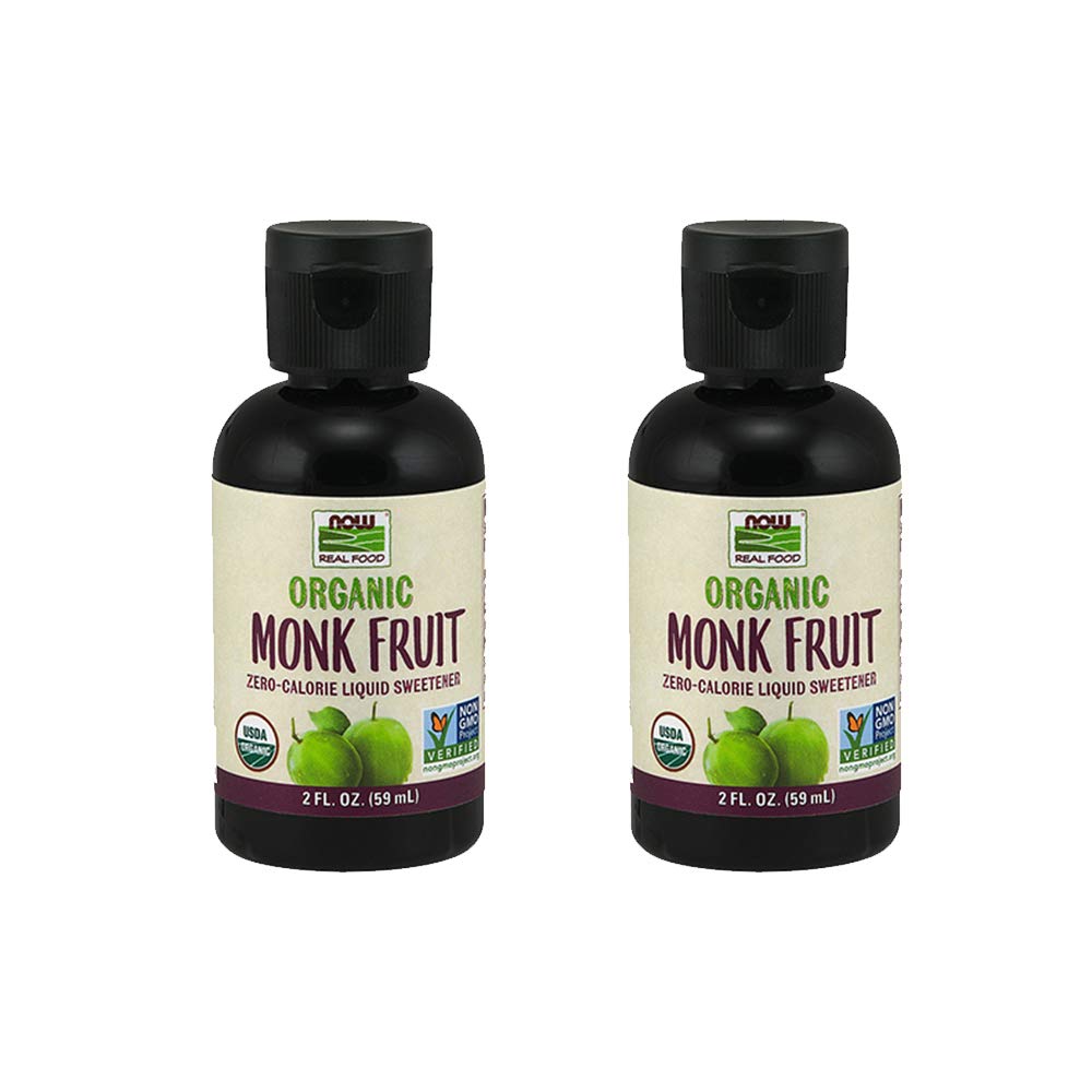 NOW Foods Monk Fruit Liquid bottle shows zero-calorie sweetness for beverages.
