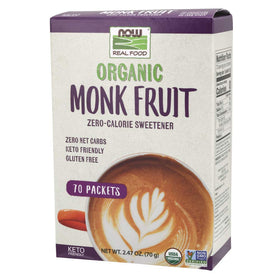 NOW Foods Monk Fruit Organic packets beside a coffee cup for everyday sweetness.