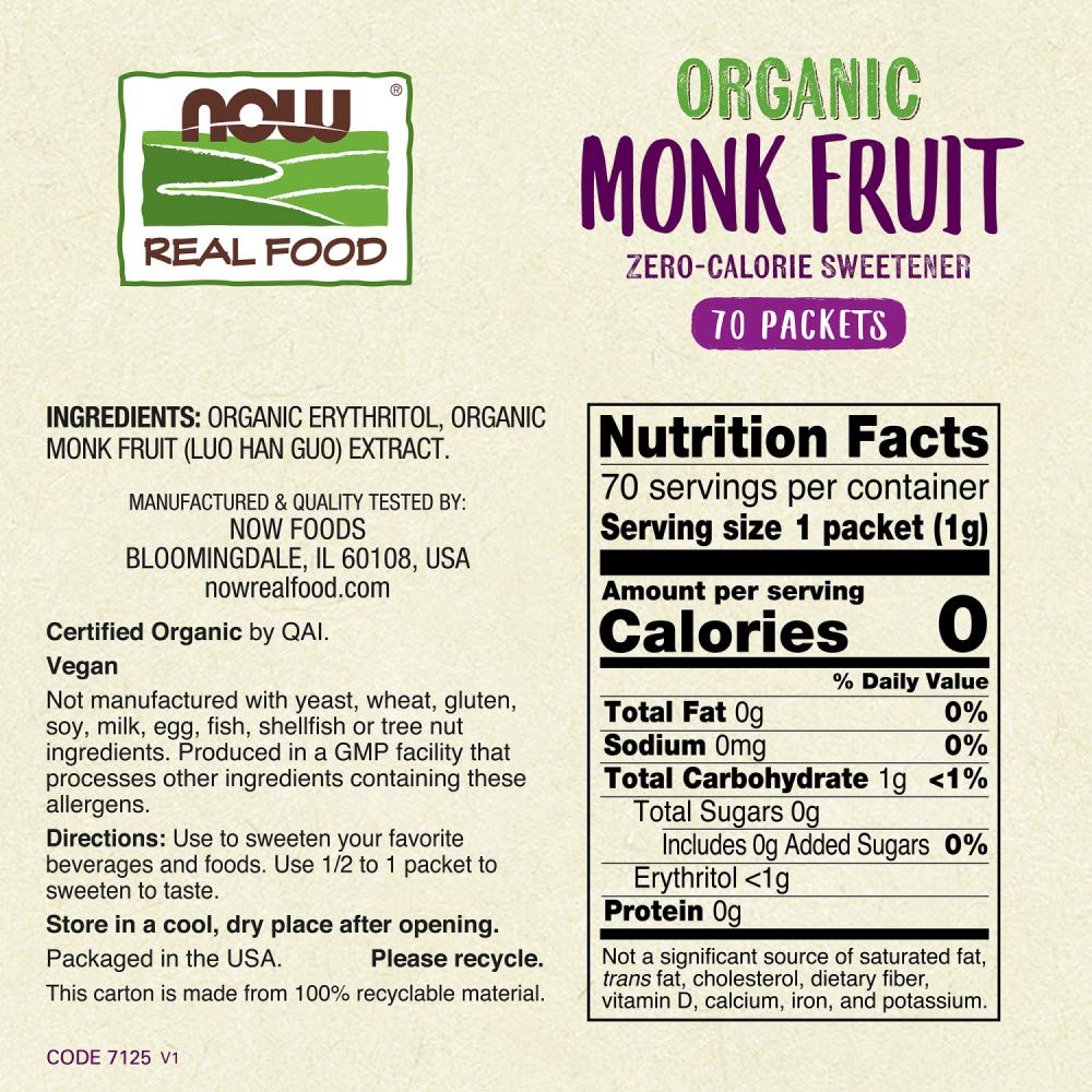 NOW Foods Monk Fruit Organic packet close-up highlighting zero-calorie sweetness.