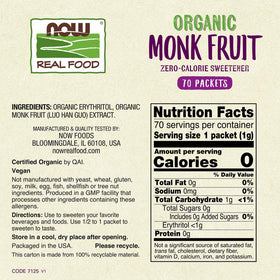 NOW Foods Monk Fruit Organic packet close-up highlighting zero-calorie sweetness.