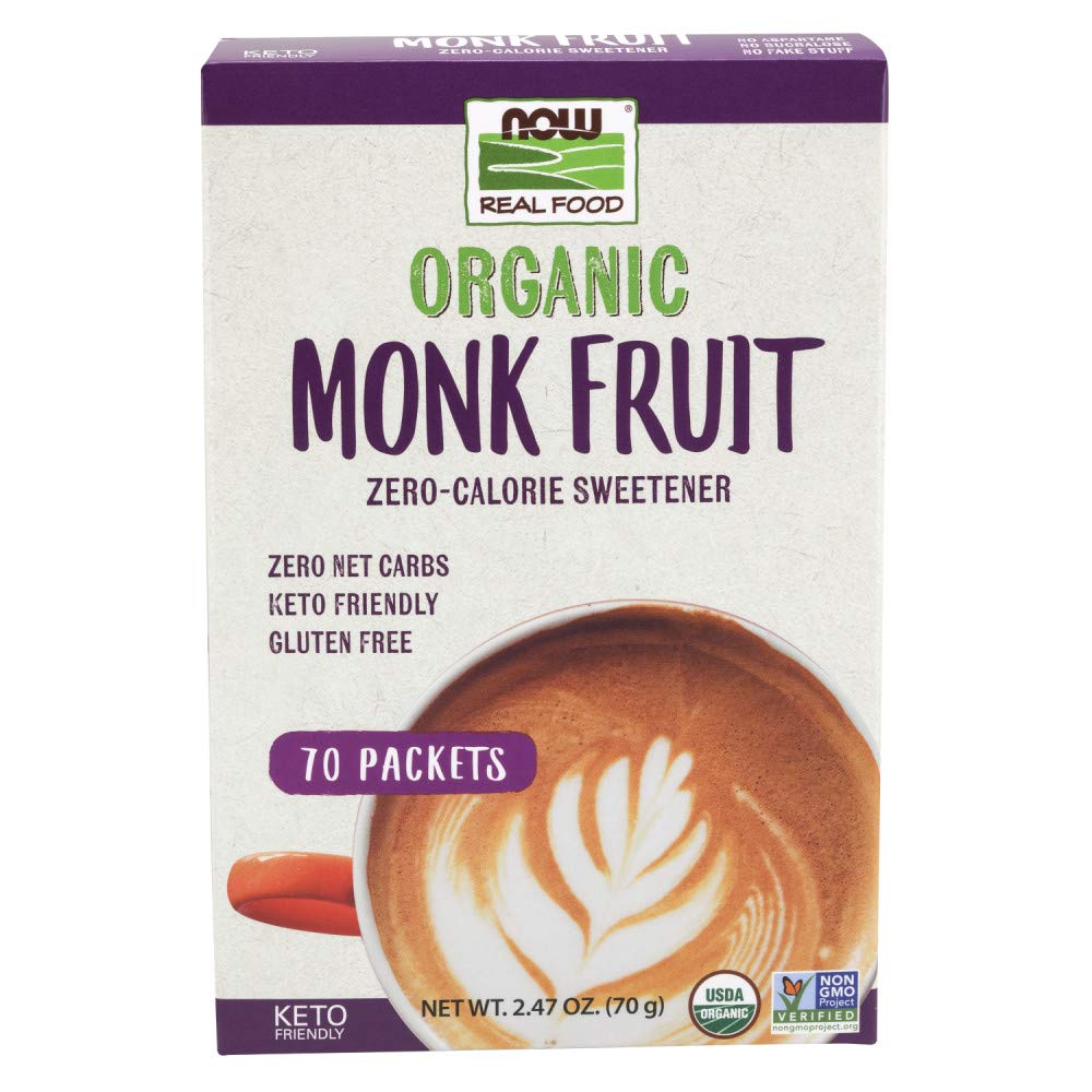 NOW Foods Monk Fruit Organic packets in a box for convenient zero-calorie sweetness.