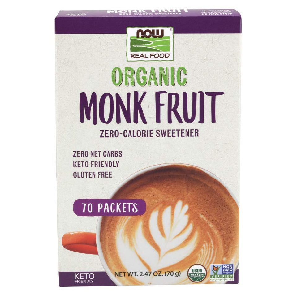 NOW Foods Monk Fruit Organic packets in a box for convenient zero-calorie sweetness.