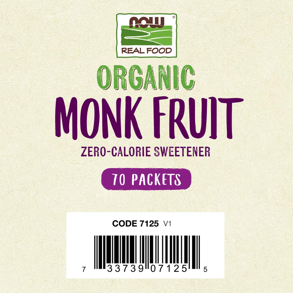 NOW Foods Monk Fruit Organic packet being poured into coffee for sweetening.