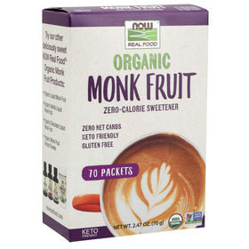 NOW Foods Monk Fruit Organic packets beside yogurt and oats for low-calorie sweetness.