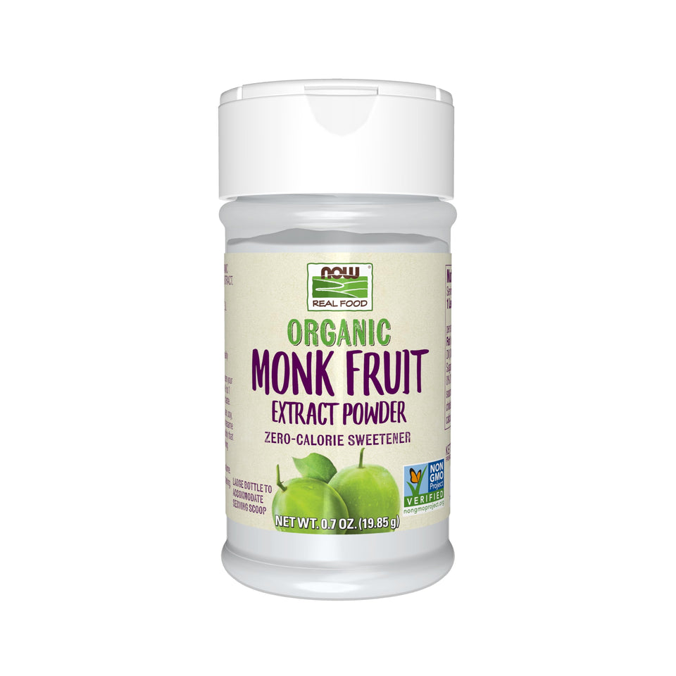 NOW Foods Monk Fruit Powder bottle showing pure, zero-calorie sweetness option for beverages