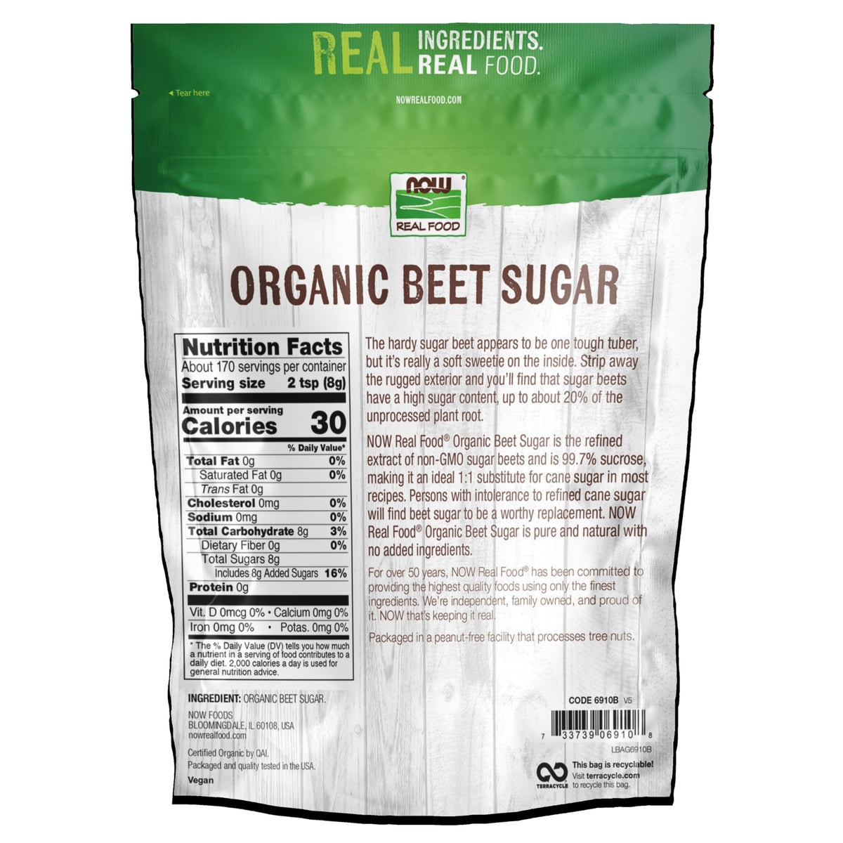 NOW Foods Organic Beet Sugar packaging with non-GMO and USDA Organic seals