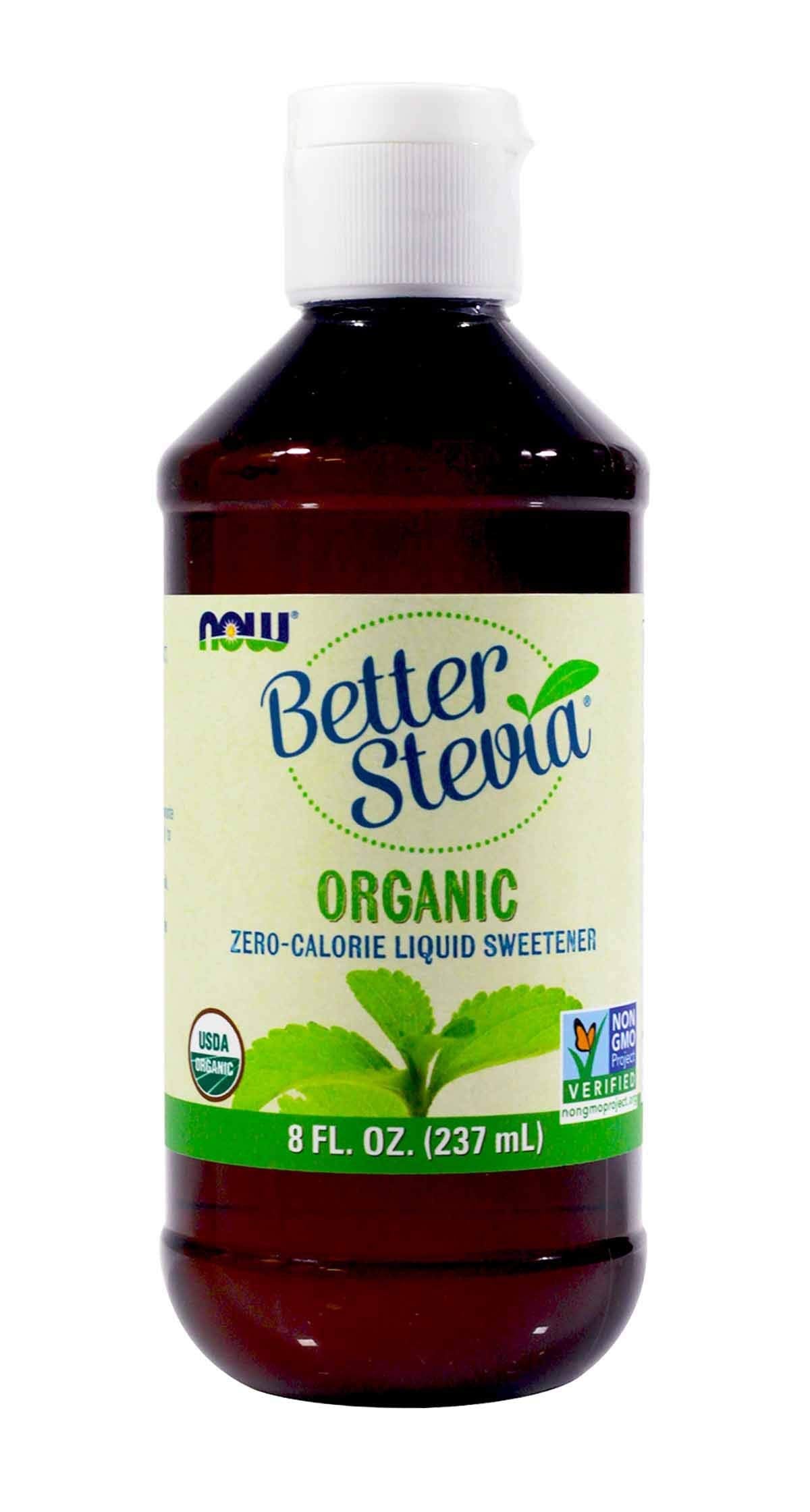 NOW Foods Organic BetterStevia bottle pour adds zero-calorie sweetness to coffee or tea