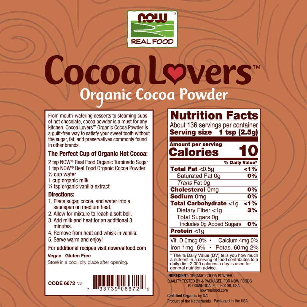 NOW Foods Organic Cocoa Powder label close-up confirms organic certification for quality.