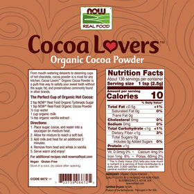 NOW Foods Organic Cocoa Powder label close-up confirms organic certification for quality.