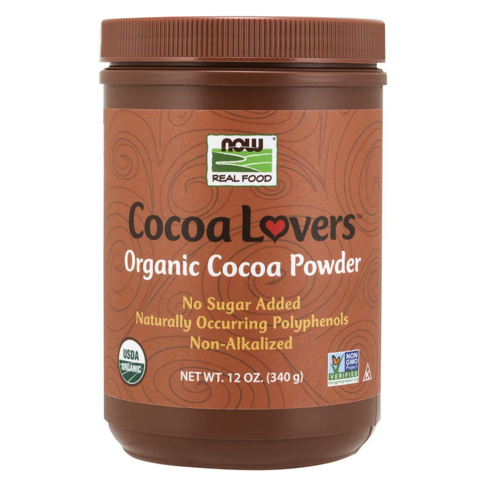 NOW Foods Organic Cocoa Powder packaging highlights purity for everyday baking.