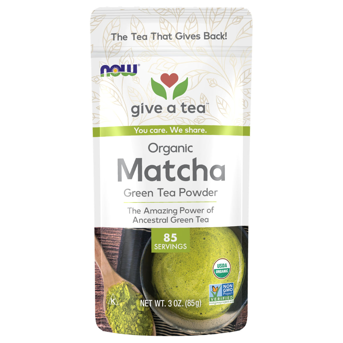 NOW Foods Organic Matcha powder in a resealable pouch for freshness